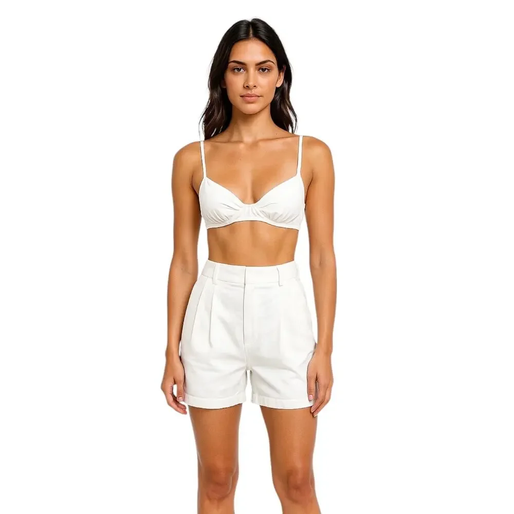 Princess Polly White Sleeveless Bralette Pleated High Waist Shorts 2 Pc Set Sz 2